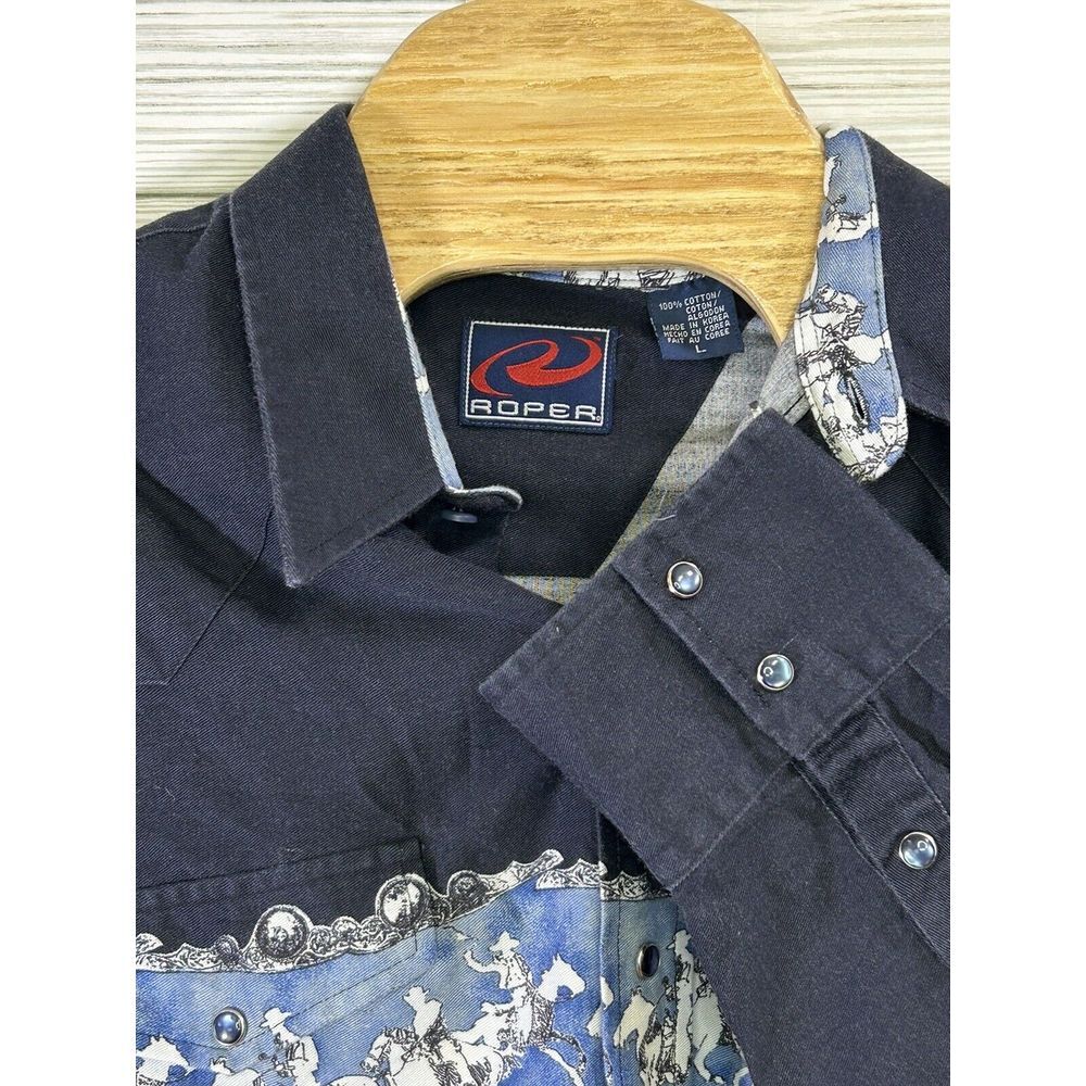 Vintage Roper Mens Shirt Large Black Cowboy Rodeo Graphic Pearl Snap Button Down